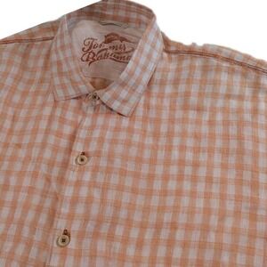 TOMMY BAHAMA Shirt RELAX Mens Short Sleave‎ Salmon Check Linen XXL Beach Resort